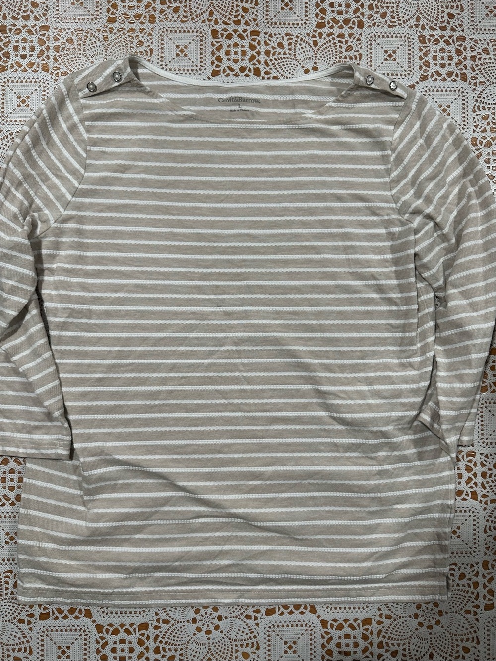 Croft & Barrow Striped Boat Neck Button Shoulder Top Large Beige White